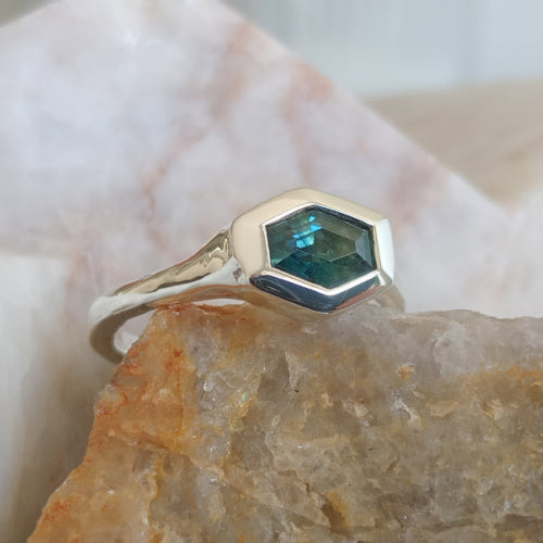 Blue Hex Cut Australian Sapphire Sterling Silver ring
