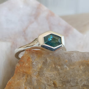 Blue Hex Cut Australian Sapphire Sterling Silver ring