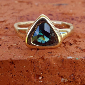 1.22ct Trillion Cut Teal Australian Sapphire 9ct Yellow Gold Ring