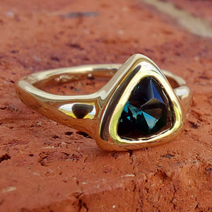 1.22ct Trillion Cut Teal Australian Sapphire 9ct Yellow Gold Ring