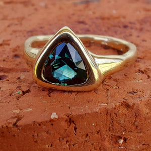 1.22ct Trillion Cut Teal Australian Sapphire 9ct Yellow Gold Ring