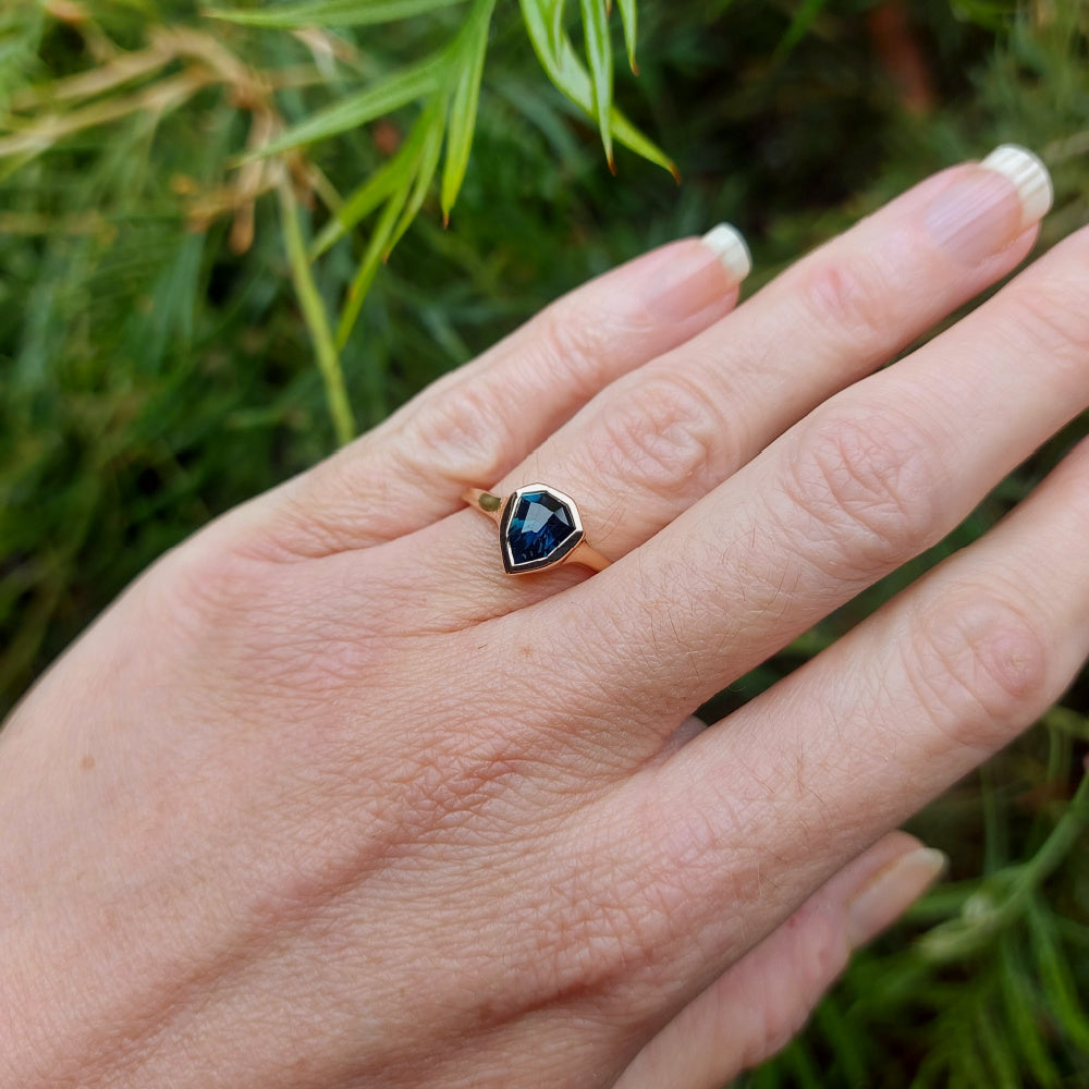 *RESERVED * 1.5ct Blue Australian Shield Cut Sapphire 9ct Rose Gold Ring