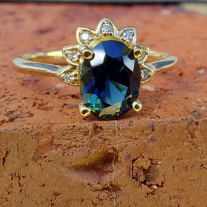 1.3ct Australian teal blue sapphire and diamond ring